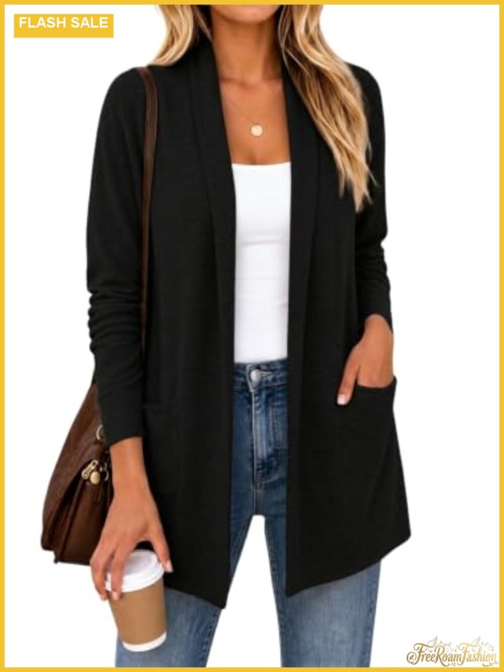 Lightweight Long Sleeve Knit Cardigan with Pockets Open Front